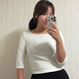 Domestic Cotton Fabric, Non-see-through, Boat Neck Slim Fit 3/4 Length Basic Long Sleeve T-shirt