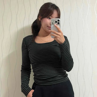 Square Neck Striped Slim Delicate Fit Long Sleeve T-shirt