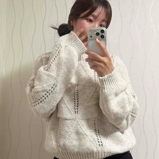 Angora Cable Cutout Balloon Round Neck Knit