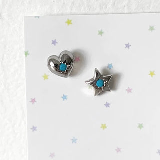 (2 types) Blue Point Gemstone Piercing Turquoise Heart Star Surgical Steel 8mm Earrings Labret Bar Inner Conch Outer Conch