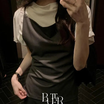 VOV Bustier Vest Blouse, Waist Ribbon Tie Belted Draped Vest 2 colors