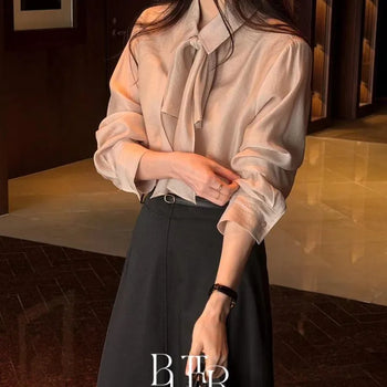 Roden Tie Detachable Blouse, Ribbon Tie Set, Subtle Glossy Shirt, Long Sleeve, 3 Colors