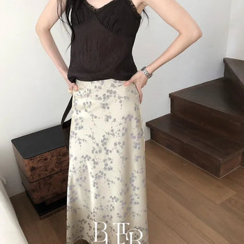 Vintage Adele Skirt, Small Floral Print Silky Long Skirt A-line