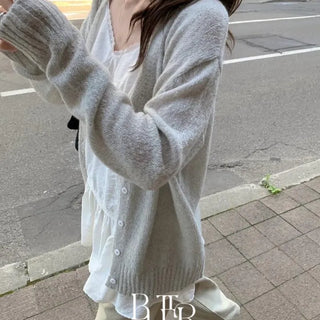 Blossom Long Sleeve Cardigan, V-Neck Button Loose Fit Mohair Wool Long Sleeve Knit 2 Colors