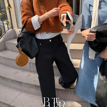 Hambutton low pants, low-rise buttoned hem, wide straight pants