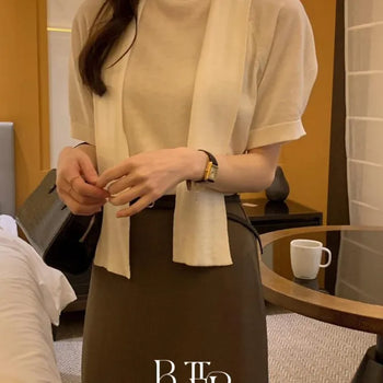 Vince Tie Knit, Scarf Tie Detail Half Short Sleeve Turtleneck Knit 3 Colors