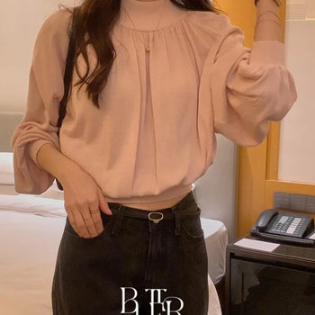 Sarah Shirred Crop Knit, Neck Shirred Volume Sleeve Crop High-Neck Knit Long Sleeve 3 Colors