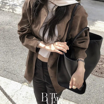 Nice Suede Coat, Buttonless Collarless Loose-Fit Suede Shirt Jacket, Spring/Autumn Transitional Outerwear