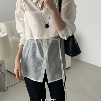 Tencel Shirt Bustier Layered Set, Ribbon String See-through Loose Fit Long Sleeve Shirt Layered Set