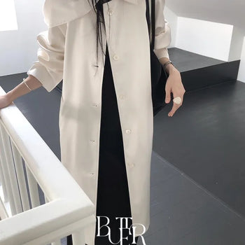 Silky long trench coat, button collar loose-fit mac coat long jacket, autumn transitional outerwear