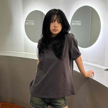 Side Button Two-Way Off-Shoulder One-Shoulder Asymmetrical Loose Fit Cotton Short Sleeve T-shirt