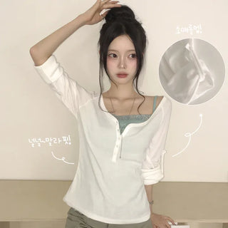 Loose Slim Fit, Daily Henley Neck Button Roll-up Delicate Fit 7/8 Sleeve Long Sleeve T-shirt