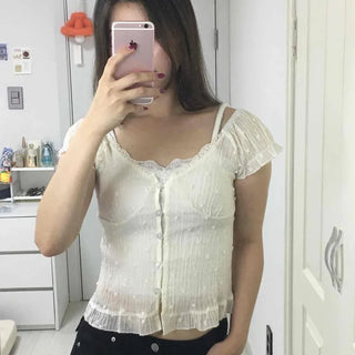 Square Neck Cap Sleeve Floral Embroidery Lace See-through Shirred Frill Crop Blouse