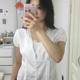Lace Pintuck Frill Shirred Button Silky Crop Short Sleeve V-Neck Slim Fit Blouse