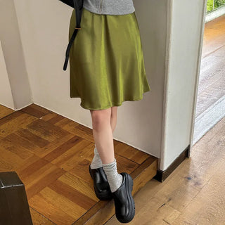 Olive Glow Satin Elastic Waist Mini Skirt