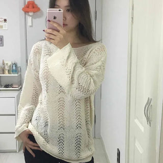 Boat Neck See-through Wave Loose Fit Long Sleeve Knit