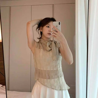 Halter Neck Ribbon Tie See-through Lined Sleeveless Top