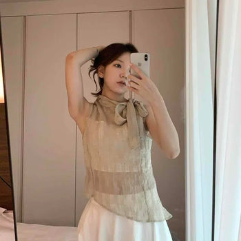 Halter Neck Ribbon Tie See-through Lined Sleeveless Top