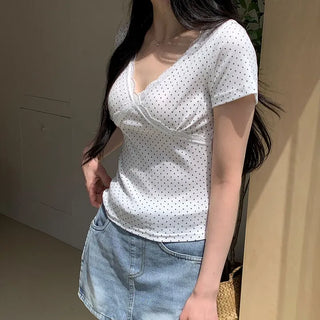 Bella Dot Lace V-Neck Short Sleeve T-Shirt