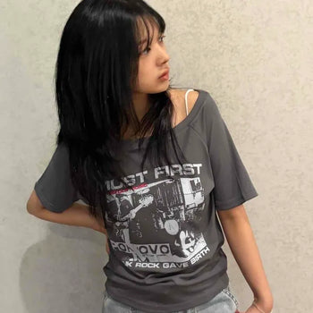 Modal Boat Neck Lettering Graphic Oversized Short Sleeve Tee