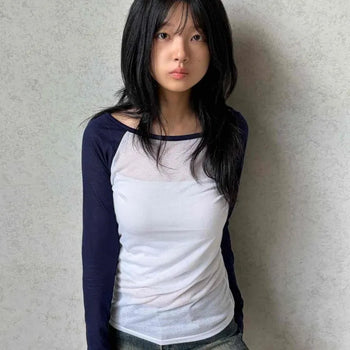 Boat Neck Contrast Asymmetrical Hand-Covering Delicate Fit See-through Long Sleeve Knit T-shirt