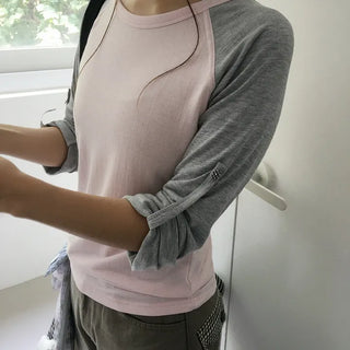 plaid button raglan T-shirt
