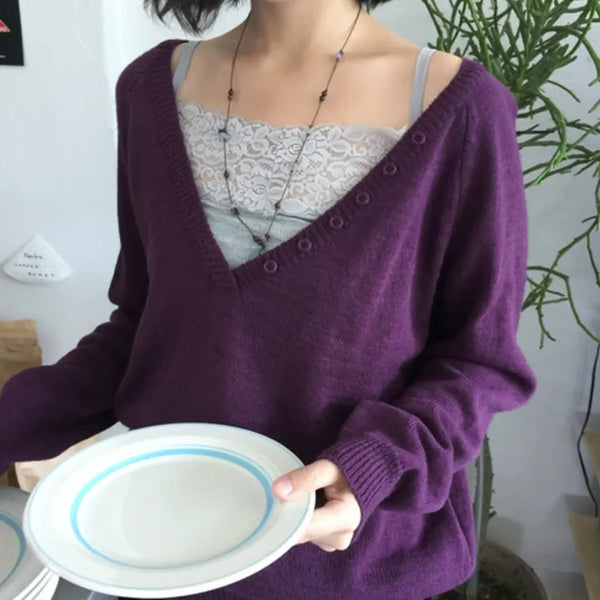 Iru Button Deep V-Neck Knit