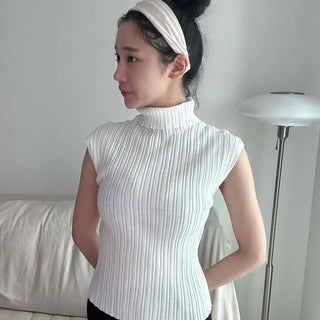 Ribbed Mock Neck Cap Sleeve Slim Fit Inner Knit