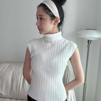 Ribbed Mock Neck Cap Sleeve Slim Fit Inner Knit