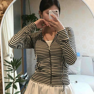 Striped Stretchy Knit Hoodie Slim Fit Semi-Crop Zip-Up
