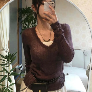 Ribbed V-Neck Damaged See-through Loose Fit Knit