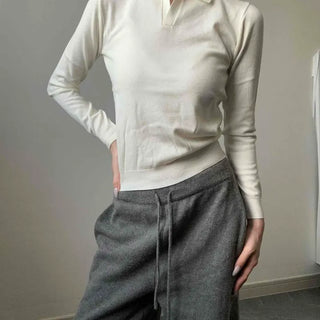 Shirt Collar Button Slim Fit Long Sleeve Knit