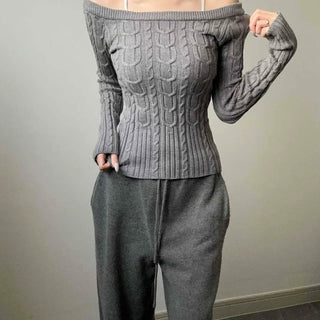 Cable Knit Off-Shoulder Slim Fit Crop Knit