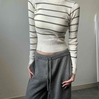 Ribbed Stripe Round Neck Crop Knit