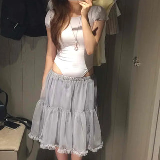 Chiffon Frill Tiered Layered Mesh See-through Elastic Waist Midi Skirt