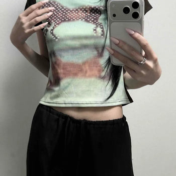 Horse Pony Dot Color Block Graphic Crop Short Sleeve Tee