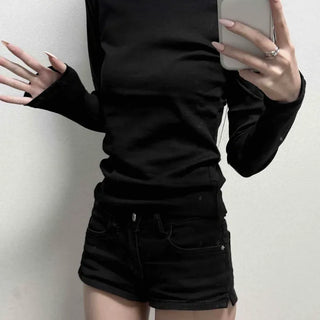 Ribbed Stretchy Slit Round Neck Slim Fit Long Sleeve T-shirt