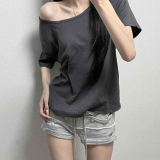 Boat Neck Loose Fit Cotton Short Sleeve T-shirt