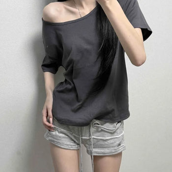 Boat Neck Loose Fit Cotton Short Sleeve T-shirt