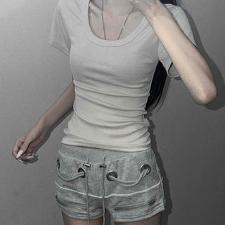 Stretchy Tight-Fit Round Neck Cinched Waist Short Sleeve T-Shirt
