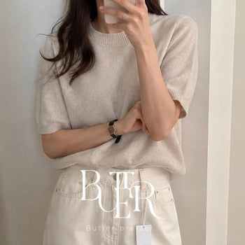 Cashmere Wholegarment Short Sleeve Knit, Round Neck Cashmere Wool Wholegarment Loose Fit Short Sleeve Knit