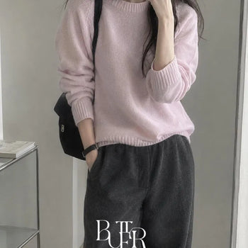 Light Cashmere Wholegarment Knit, Round Neck Raglan Cashmere Wholegarment Loose Fit Long Sleeve Knit