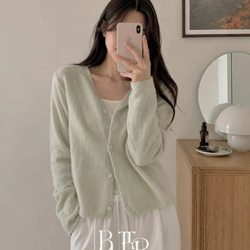 Honey Mohair Cardigan, Round Neck Hairy Knit Cardigan