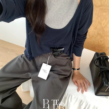 Loose U-neck T-shirt (Sleeveless sold), Wide U-neck Layered Loose Fit Long Sleeve T-shirt