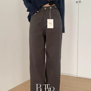 Autumn button-fastener denim pants, wide-fit straight denim pants with waist buttons