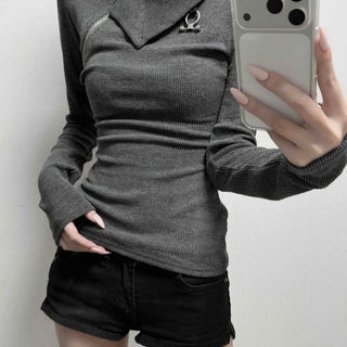 Ribbed Zipper Slim Fit Turtleneck Knit Long Sleeve T-shirt