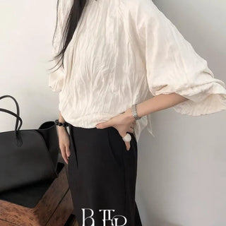 Seine Pleated Blouse, High Neck, Pleated Shirring, Loose Fit, Voluminous Sleeves, Daily for Spring & Autumn