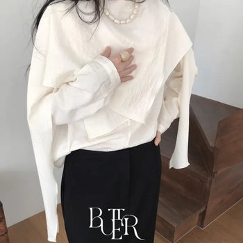 Modena Scarf Blouse, Drape Asymmetrical Dress Shirt, Asymmetrical Loose Fit, Spring/Autumn Daily