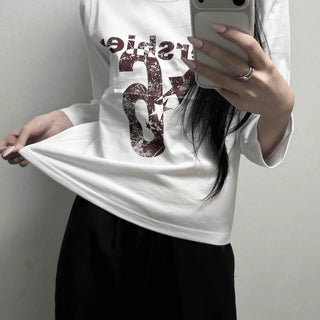 Round Neck Logo Lettering Print Cotton Slim Fit Cropped Inner Long Sleeve T-shirt
