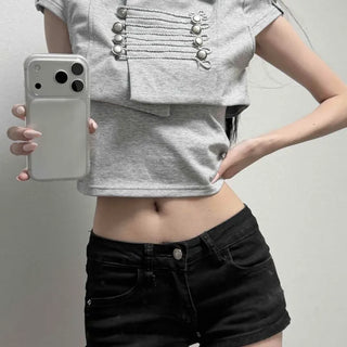 Shoulder Pad Napoleon Cutout Button Collar Slim Fit Crop Short Sleeve Tee